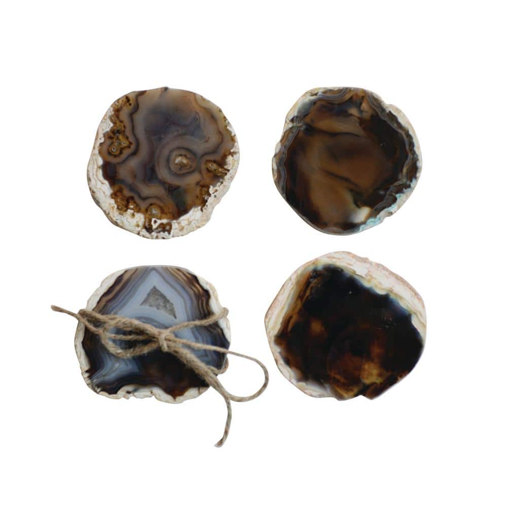 Natural Brown Agate Stone Coaster Set with Wooden Holder