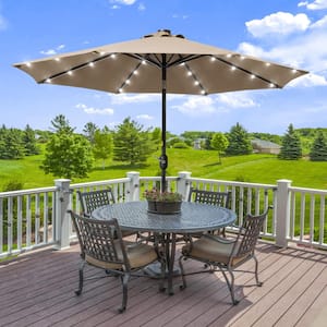 Solar Lighted LED 9 ft. Aluminum Patio Market Circle Outdoor Umbrellas with Push Button Tilt and Crank Lift in Taupe