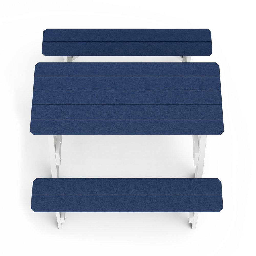 Top-down view of a navy blue picnic table and two navy blue benches.