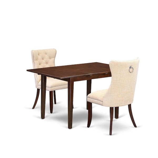 East West Furniture 3-Piece Mahogany Finish Rectangular Solid Wood Top with Butterfly Leaf Dining Table Set
