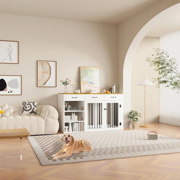 FUFU&GAGA Modern Large Wooden Dog Crate Furniture, Pet Dog Cage with 3-Drawers and 3-Shelves for Large Medium Small Dogs, White