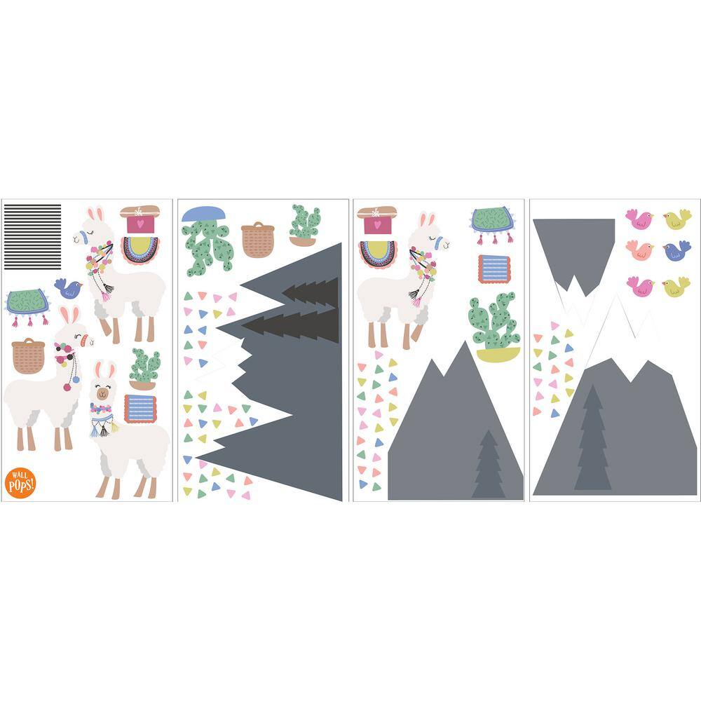 Gray and White Cartoon Llama Wall Decals with Pom Poms