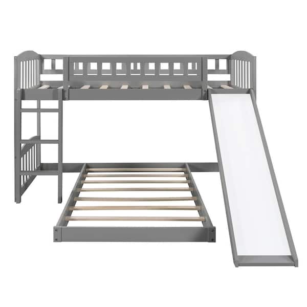 wetiny Gray Twin Over Twin Bunk Bed with Slide and Ladder