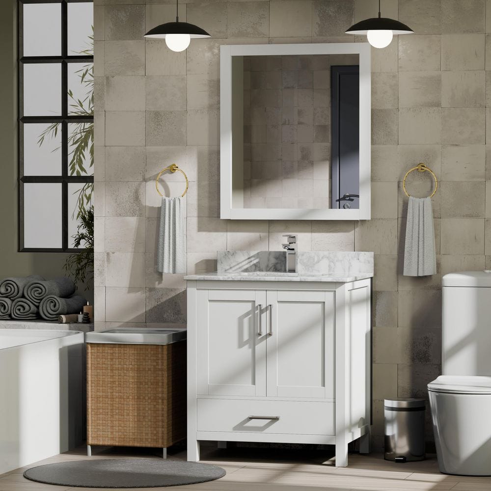 Jacques 30 in. W x 22 in. D White Bath Vanity, Carrara Marble Top, Faucet Set, and 28 in. Mirror price history on PriceWatchPro