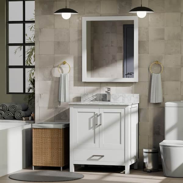 Jacques 30 in. W x 22 in. D White Bath Vanity, Carrara Marble Top, Faucet Set, and 28 in. Mirror