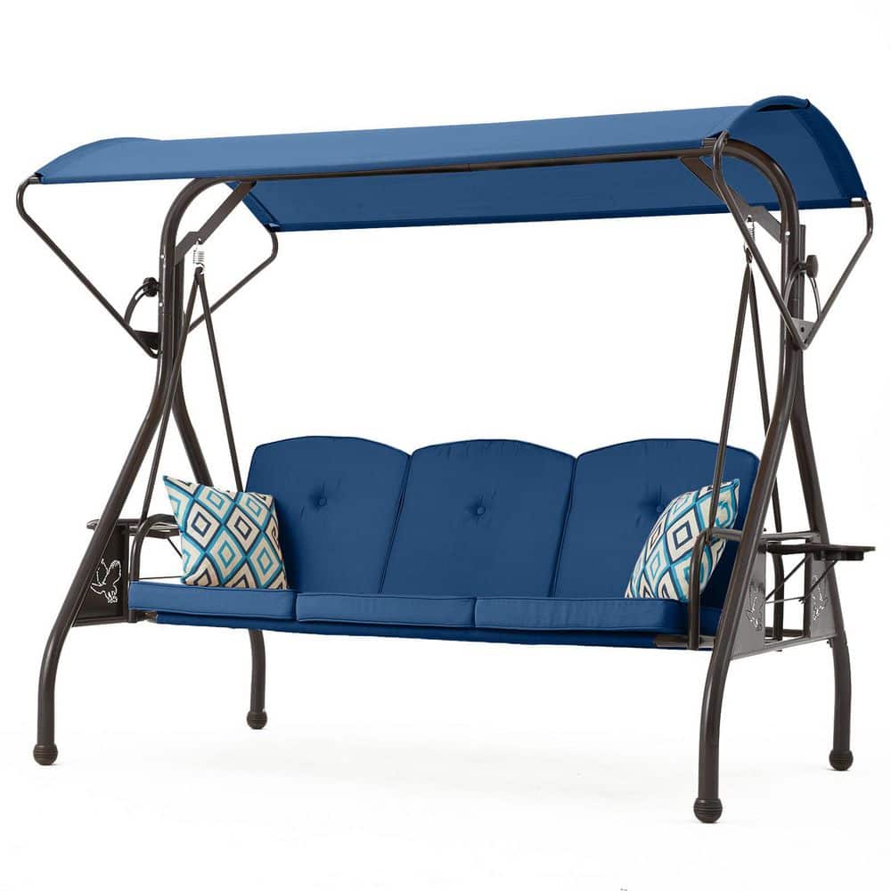 3-Person Metal Patio Swing Glider Chair Swing Bed with Blue Cushion, Canopy, Cup Holder and Pillow price history on PriceWatchPro