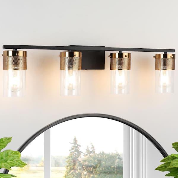 JUSHENG 33.46 in. 4-Light Black and Antique Brass Vanity Light with Clear Glass Shade for Bathroom Modern Wall Sconce