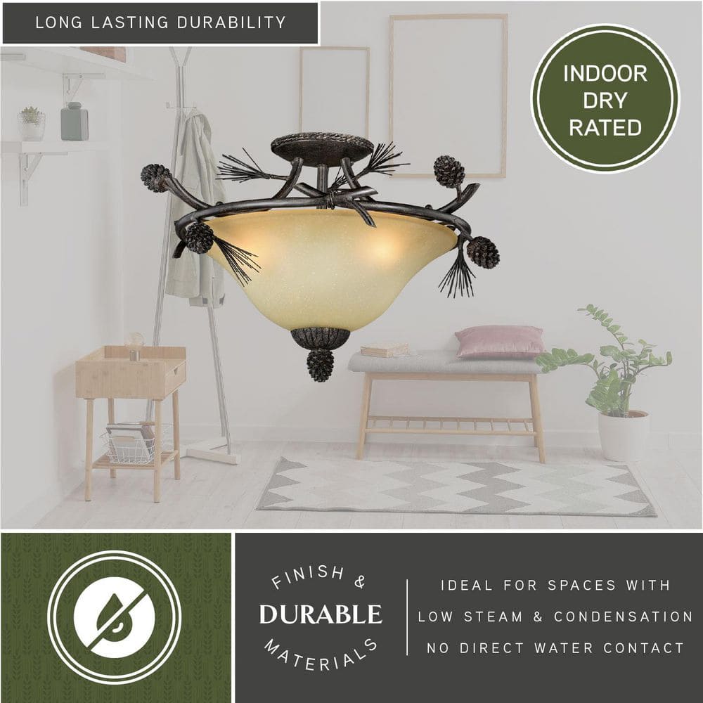 Sierra Rustic 18" Matte Black and Bronze Ceiling Light with Frosted Glass