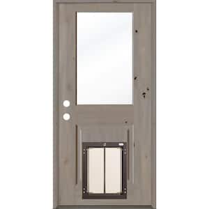 32 in. x 80 in. Knotty Alder Right-Hand/Inswing Clear Glass Grey Stain Wood Prehung Front Door with Large Dog Door