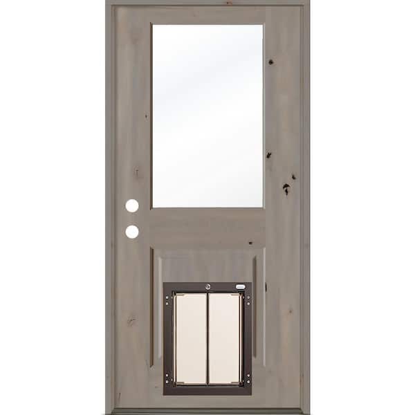 Krosswood Doors 32 in. x 80 in. Knotty Alder Right-Hand/Inswing Clear Glass Grey Stain Wood Prehung Front Door with Large Dog Door