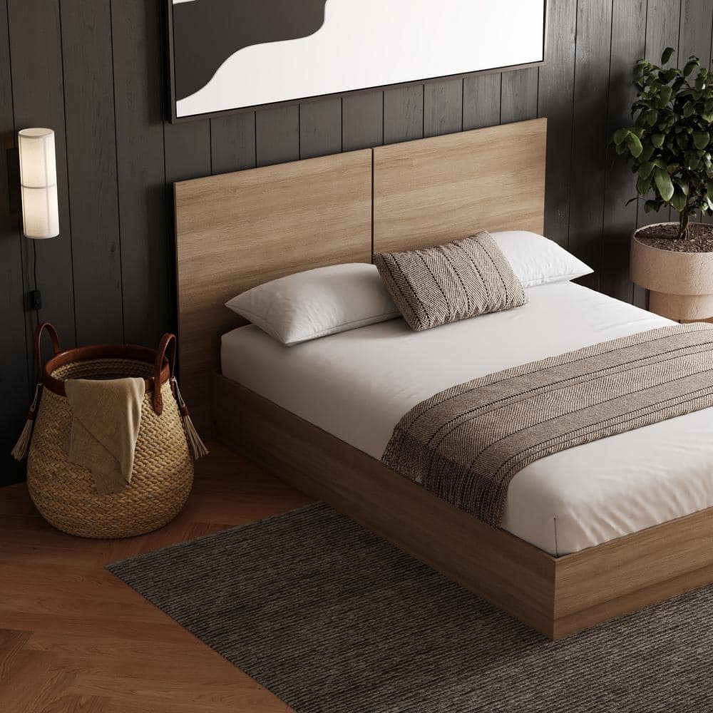 Queen Oak Wood Frame Upholstered Platform Bed with Headboard