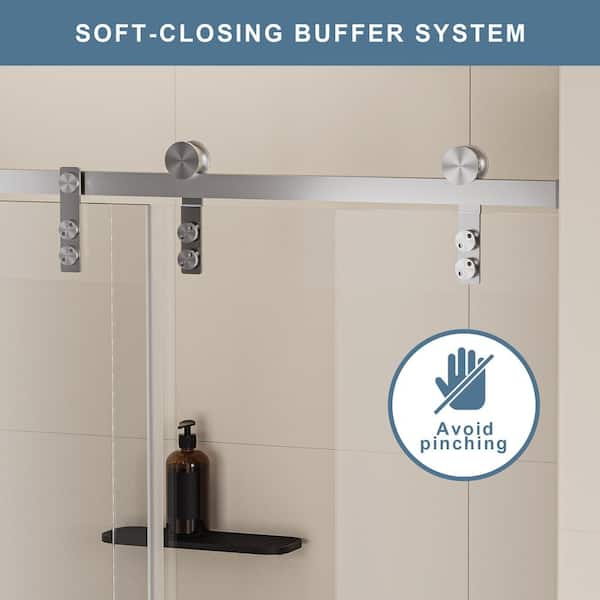 60 in. W x 76 in. H Soft Closing Single Sliding Frameless Shower Door in Brushed Nickel Finish with 5/16" Tempered Glass