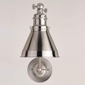 Alexis 6 in. W Satin Nickel and Matte White Adjustable Swing Arm Wall Lamp with Metal Shade
