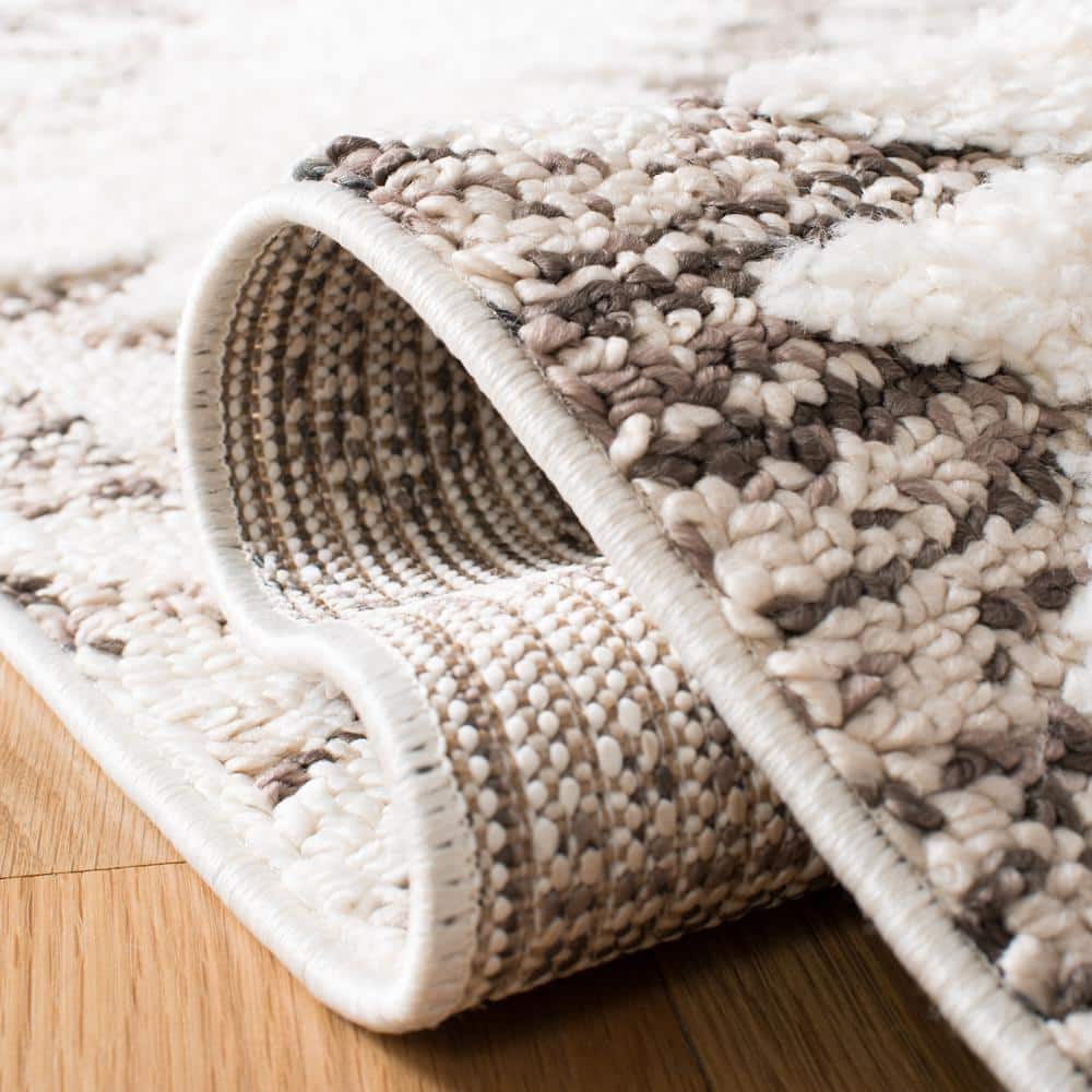 Ivory and Brown Diamond Shag Runner Rug with Tassels
