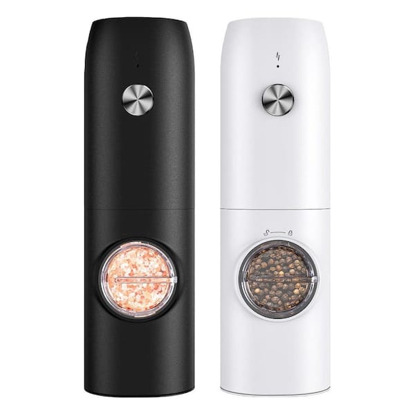 2 Pack Black White Acrylic Container Electric Salt and Pepper Grinder Set with Ceramic Grinder Core LED, Christmas Gifts
