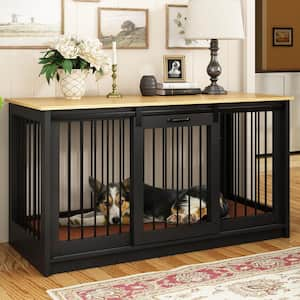 Large Wooden Dog House with Sliding door, Indoor Pet Dog Crate Cage for Large Medium Small Dogs, Black