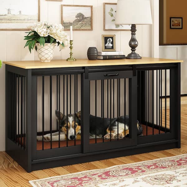 Large Wooden Dog House with Sliding door, Indoor Pet Dog Crate Cage for Large Medium Small Dogs, Black