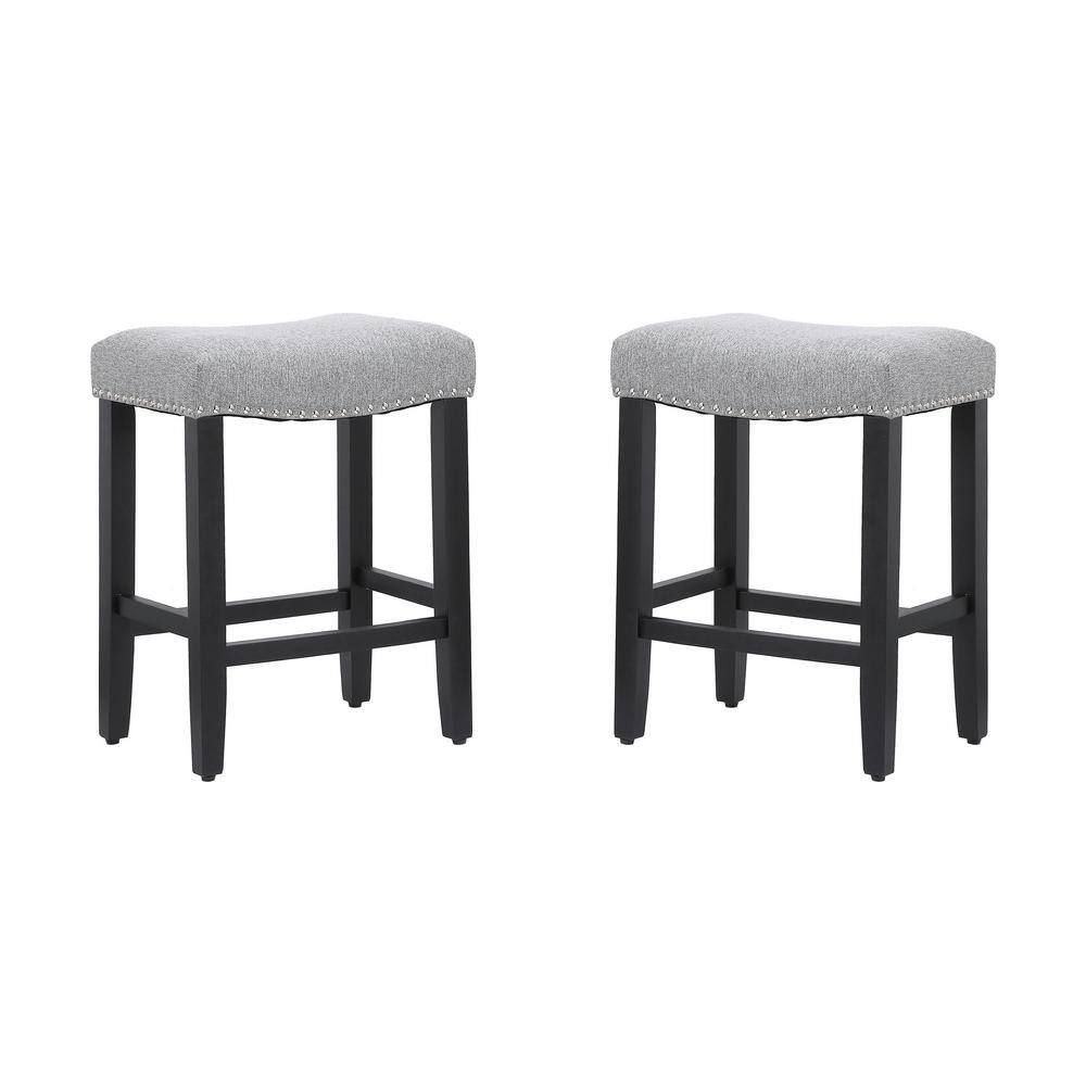 24" Black and Gray Upholstered Saddle Wood Counter Stool