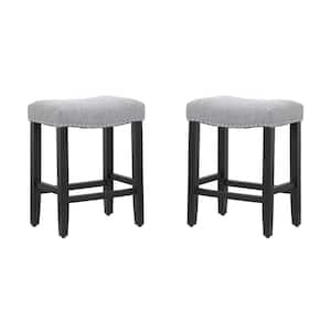 Jameson 24 in. Counter Height Black Wood Backless Barstool with Upholstered Gray Linen Saddle Seat (Set of 2)