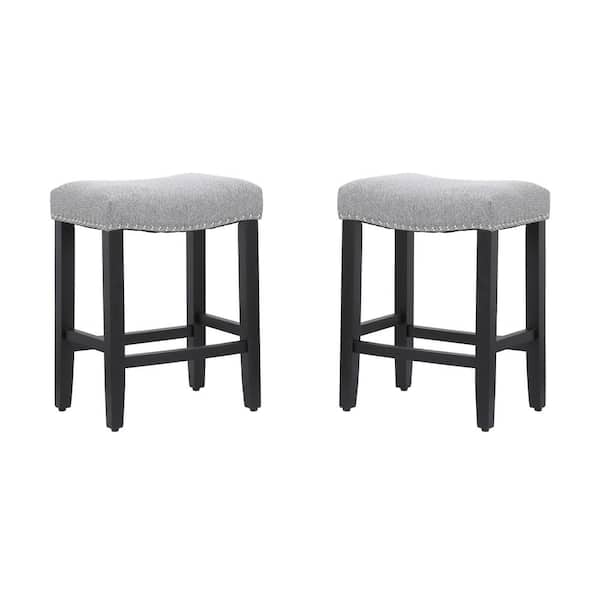 WESTINFURNITURE Jameson 24 in. Counter Height Black Wood Backless Barstool with Upholstered Gray Linen Saddle Seat (Set of 2)