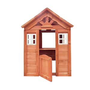Golden Outdoor Wood Playhouse with 2-Windows and Flowerpot Holder