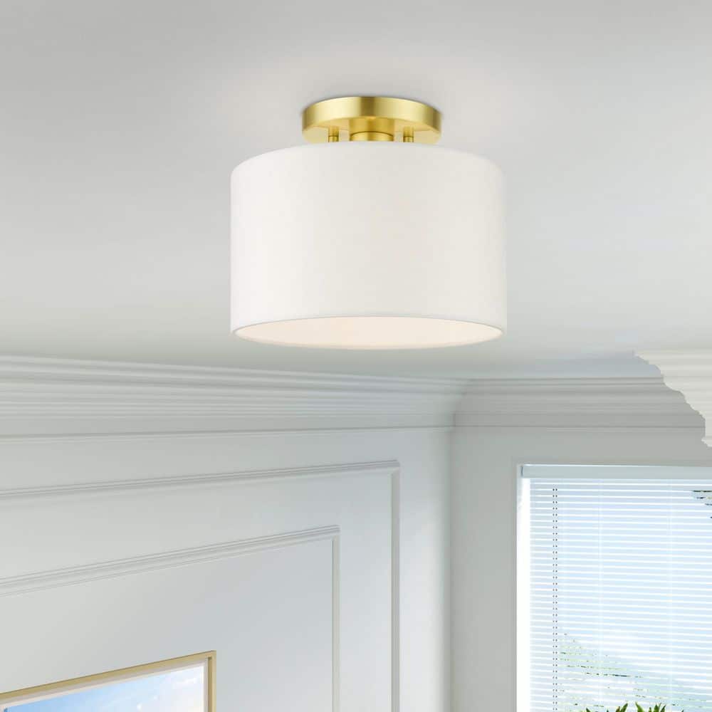 Satin Brass Glass Drum Indoor/Outdoor Semi-Flush Mount Light
