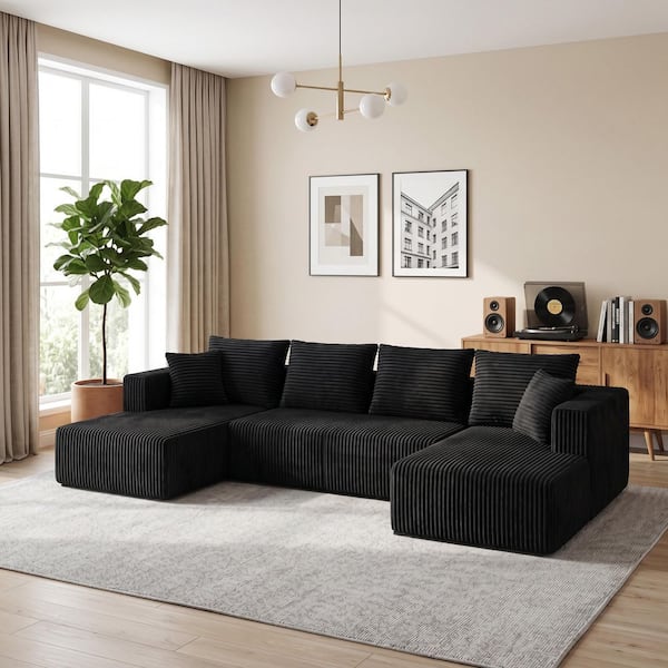 Drake Modern 132.1 in. Square Arm Corduroy Modular Compressed Sectional Sofa in Black with Double Chaise