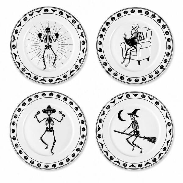 Set of 4 Halloween Skeleton Ceramic Plates, 9 in. Dessert Salad Plates with Assorted Funny Skeleton Designs