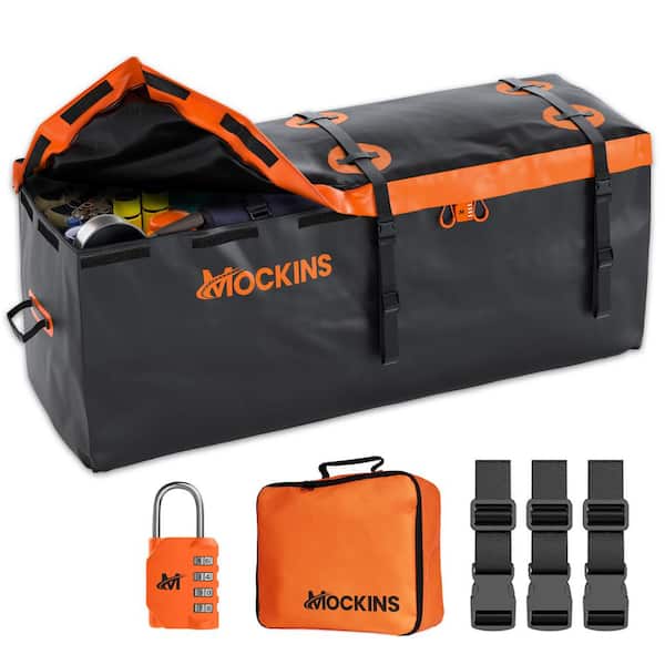 Mockins 16 Cu.ft Waterproof Cargo Carrier Bag - 58 in.x 24 in.x 20 in. - Hitch Bag + Lock, Straps and Storage Bag, Orange