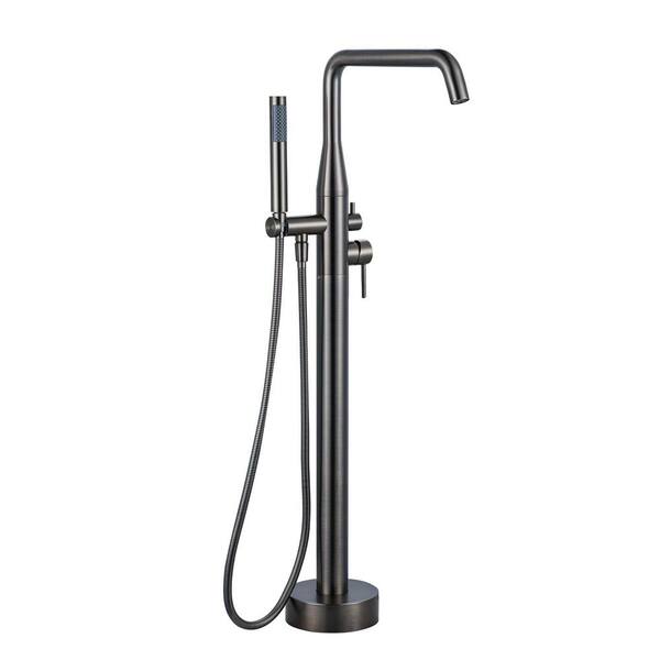 Single Handle Floor Mount Freestanding Tub Faucet with Hand Shower in Antique Bronze