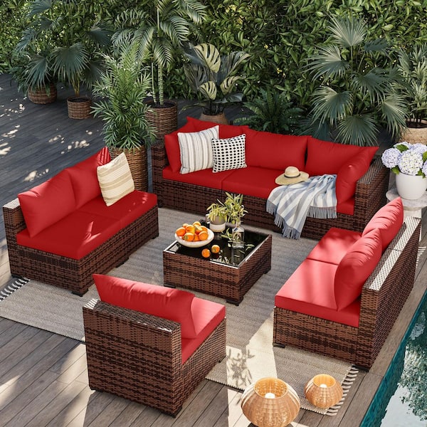 9-Piece Wicker Wine Red Cushion Patio Conversation Furniture Set