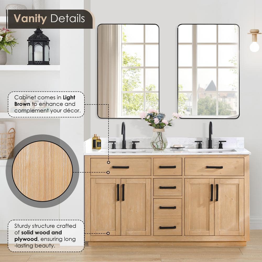 Gavino 60" Light Brown Wood Vanity with Stone Top and Mirror