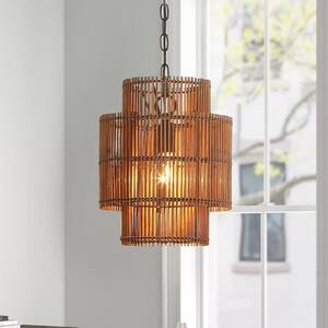 Rhett 11 in. 1-Light Tiered Rattan Drum Pendant Light with Black Canopy