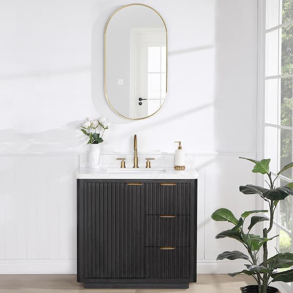 ROSWELL Cádiz 36 in. W x 22 in. D x 34 in. H Single Bathroom Vanity in Fir Wood Black with White Composite top and Mirror