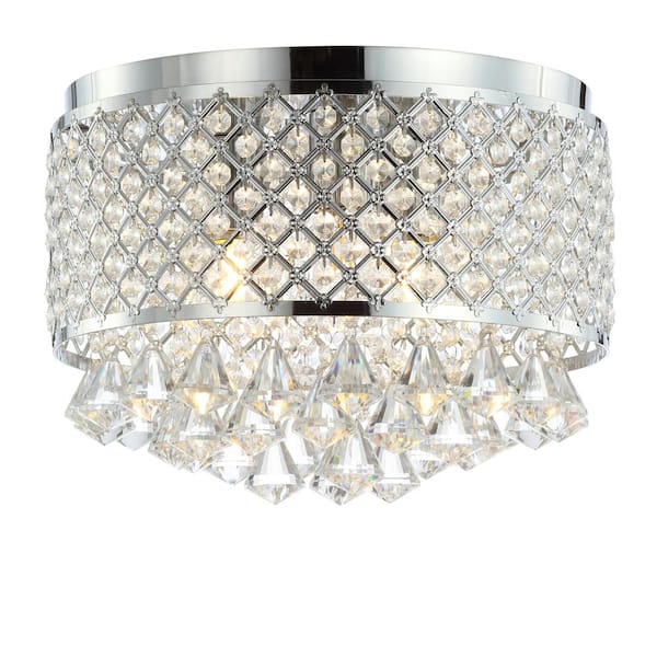 Evelyn 14.7 in. 3-Light Crystal Drops/Metal LED Flush Mount, Chrome