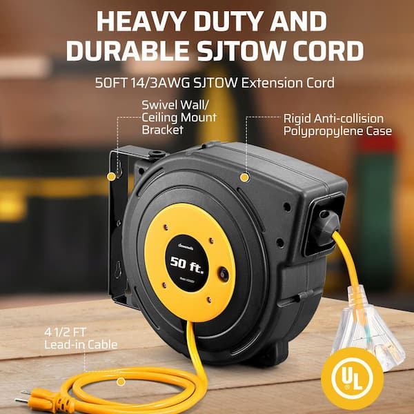 50 ft. 14/3 SJTOW 13 Amp Retractable Extension Cord Reel with 3-Lighted Triple Outlets, Yellow