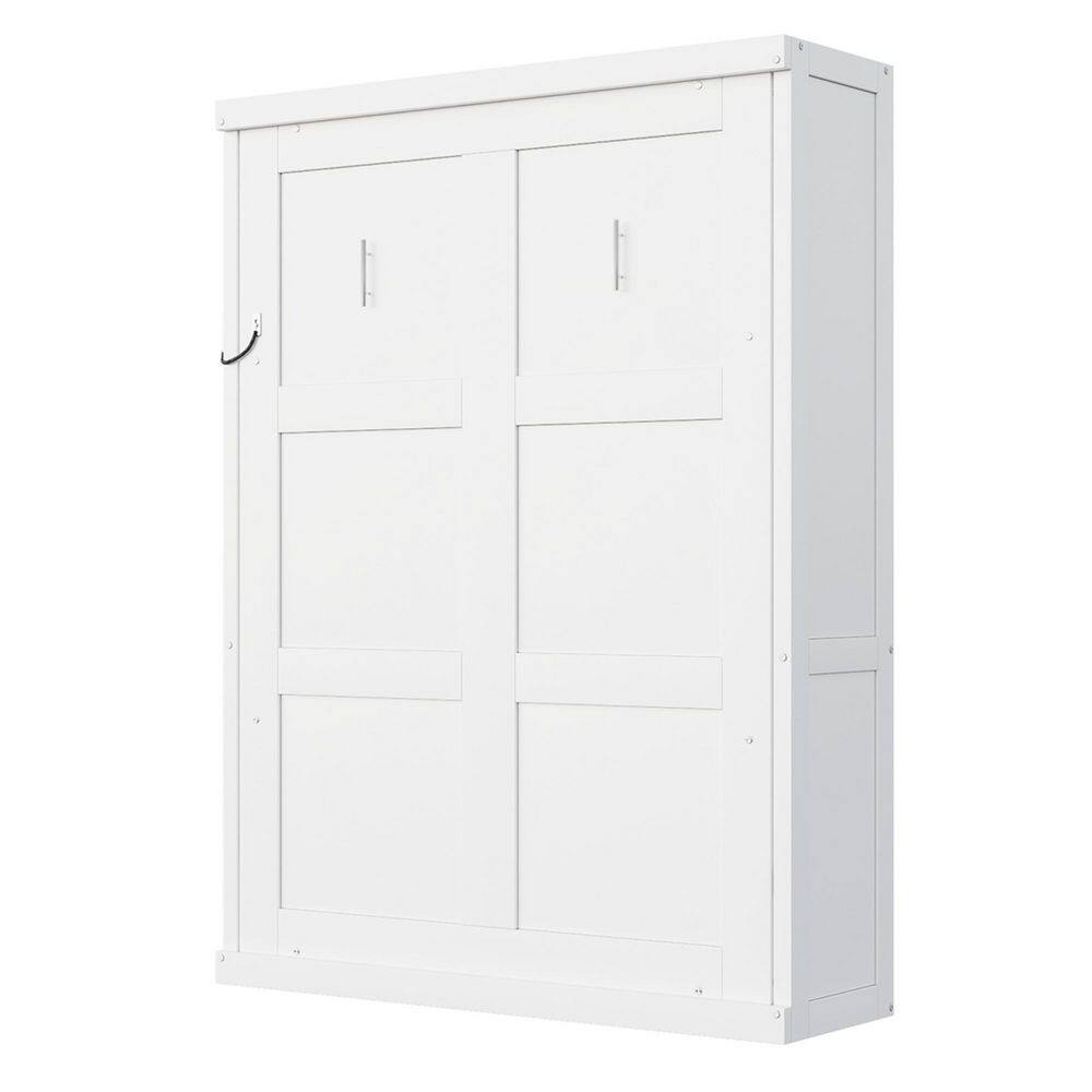 Closed view of the white wood Murphy bed storage cabinet.