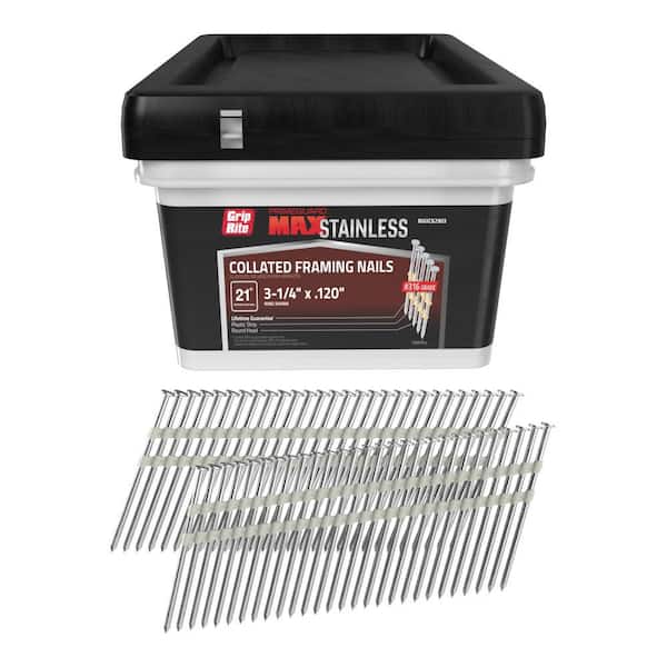 Grip-Rite 3-1/4 in x .120 in 21° Plastic Collated 316 Stainless Steel Round Head Checkered Ring Shank Framing Nails 1000 per Box
