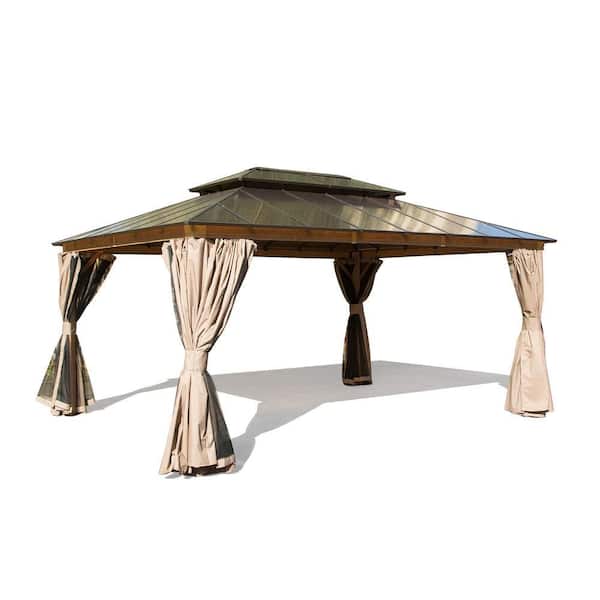 12 ft. x 16 ft. Hardtop Outdoor Polycarbonate Double Roof  Aluminum Gazebo with Netting and Curtains, Woodgrain Finish