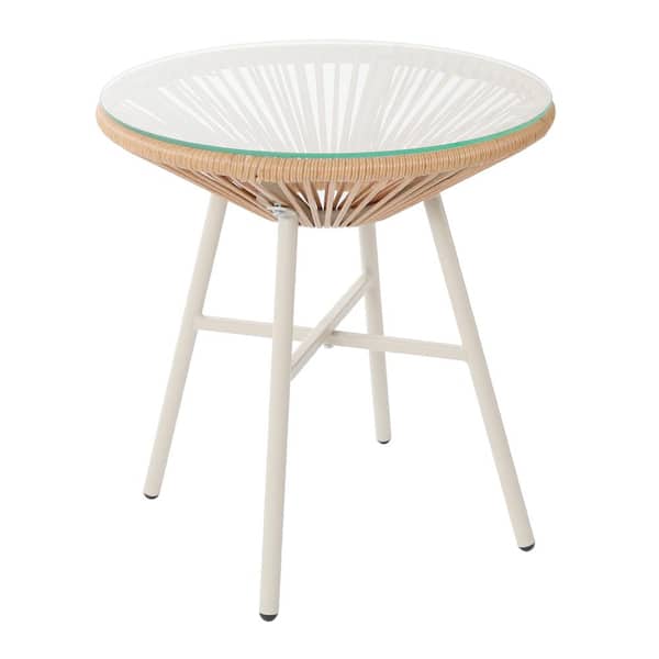 PATIOGUARDER Outdoor PE Beige Rattan Patio Side Table with 5mm Tempered Glass Top