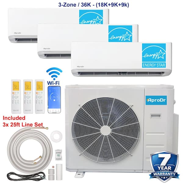 3-ZoneEnergy Star Wi-Fi 36,000 BTU 230V 21 SEER2 Mini Split AC w/Heat Pump 18K-9K-9K BTU Heads 25 ft. Lineset x 3