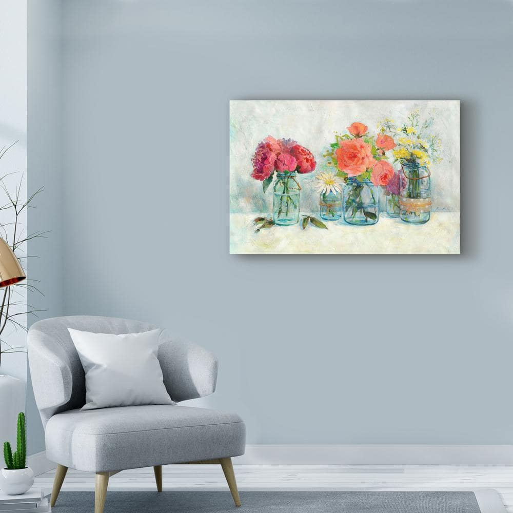 32" Landscape Canvas Art with Red and Orange Flowers in Mason Jars