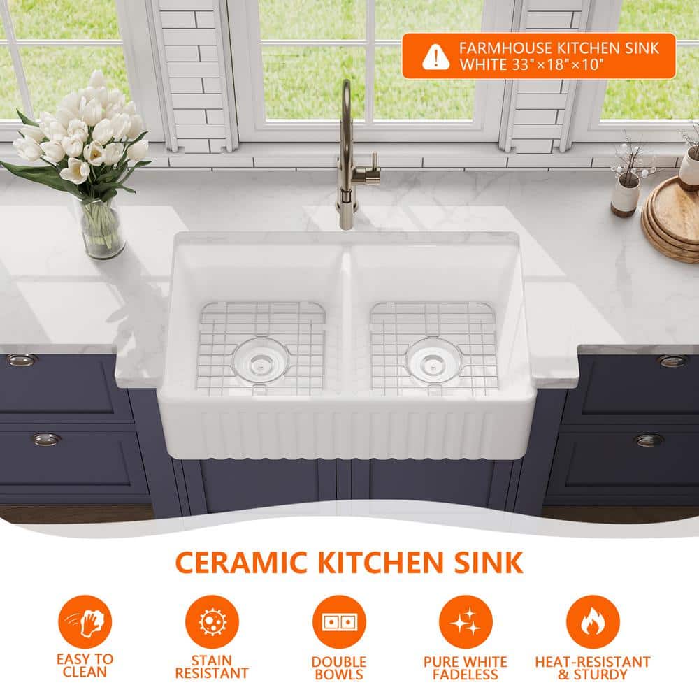 Eclipse 33" White Ceramic Double Basin Farmhouse Sink
