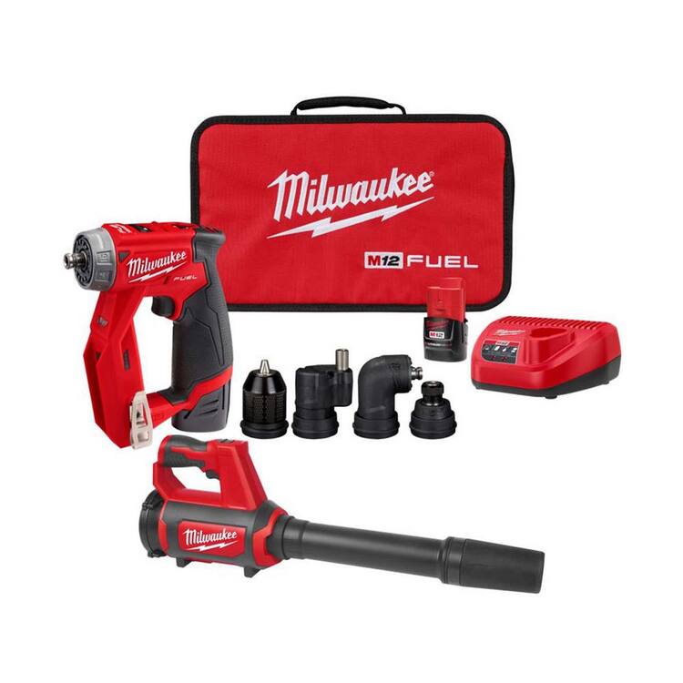 Milwaukee M12 FUEL 12V Lithium-Ion Brushless Cordless 4-in-1 Installation 3/8 in. Drill Driver Kit w 4-Tool Heads &amp; Spot Blower