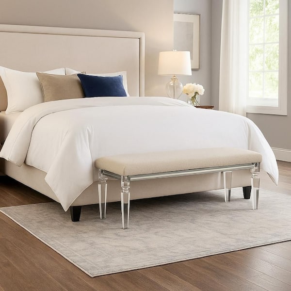 Rara 18 in. W Beige and Clear Wood Bench with Fabric Seat