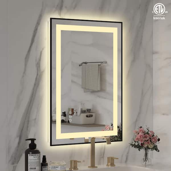 Hpeytaire 20 in.W x 28 in. H Large Rectangular Framed Anti-Fog LED Light Wall Mounted Bathroom Vanity Mirror in Matte Black