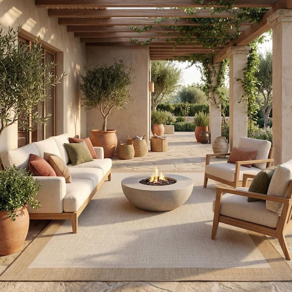 Velora Bordered Ivory 5 ft. x 8 ft. Outdoor Area Rug
