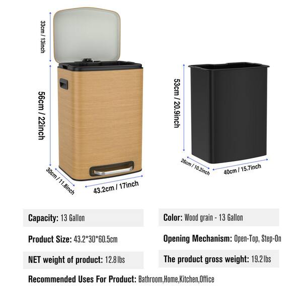 Huluwat 13 Gal. Wood Texture Metal Household Trash Can, Foot Pedal 