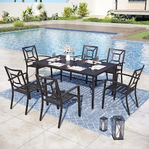 Black 7-Piece Metal Outdoor Patio Dining Set with Straight-Leg Rectangle Table and Fancy Stackable Chairs