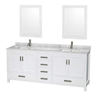 Sheffield 80 in. W x 22 in. D x 35 in. H Double Bath Vanity in White with White Carrara Marble Top and 24" Mirrors